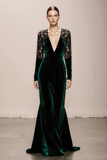 Dark Green Long Sleeve Mermaid Velvet Evening Dress